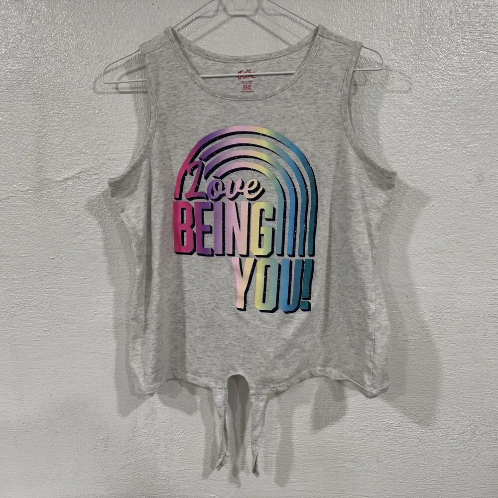 Justice Shirt Girls XLP 16/18 Gray Love Being You Rainbow Tie Front Tank Top
